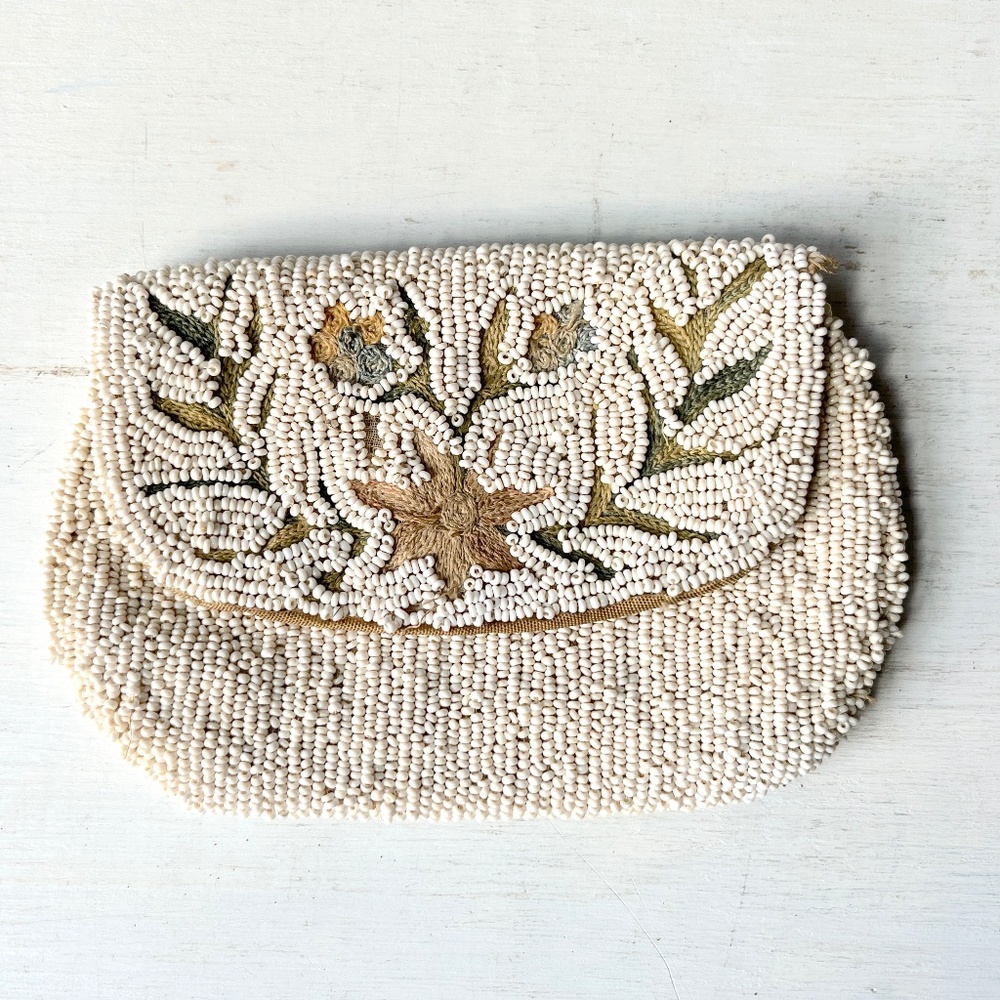 Antique White Beaded Clutch Floral Embroidery Small